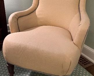 Lee Industries Upholstered Club Chair On Casters. Linen Fabric Color is Monty Toffee with Capri Celadon Welt. Measures 27" W x 29.5" D x 32" H. Photo 1 of 3. 