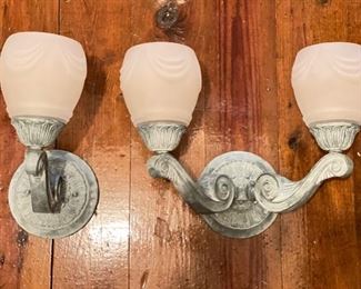 Vintage Verdigris Patinated Outdoor Sconces - 4 Single and 1 Double Arm. Each Single Measures 10" H x 13" W with 7" D Base. Double Arm Sconce Measures 16" W x 10" H with 7" D Base. Photo 1 of 3. 