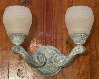 Vintage Verdigris Patinated Outdoor Sconces - 4 Single and 1 Double Arm. Each Single Measures 10" H x 13" W with 7" D Base. Double Arm Sconce Measures 16" W x 10" H with 7" D Base. Photo 2 of 3. 