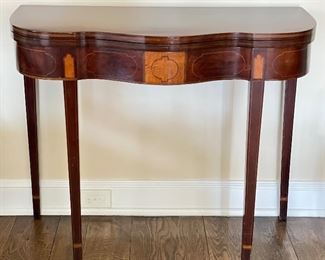 Antique Flame Mahogany "Cloverleaf" Flip-Top Gate Leg Card / Game Table with Satinwood Inlay. Measures 36" W  x 18" D x  30" H.  Measures 36" D When Fully Extended. Photo 1 of 4. 
