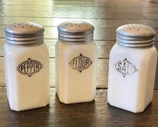 Milk Glass Salt, Pepper & Flour Shakers. 