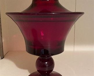 Lidded Red Glass Compote. Measures 10" H x 7" W. 