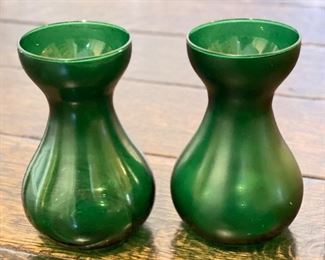 Pair of Green Bud Vases. Each Measures 6" H x 4" W at Base. 