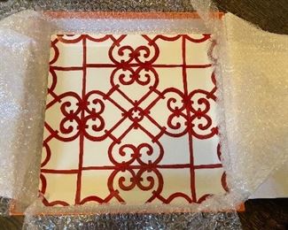 New In Box Hermes Balcon Du Guadalquivir Red Large Square Plate. Measures 10" x 10". Photo 1 of 2. 