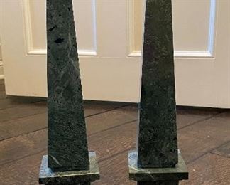 Pair of Vintage Baker, Napp & Tubbs Green Marble Obelisks. Each Measures 16"H with 3.5" x 3.5" Base. Photo 1 of 2. 