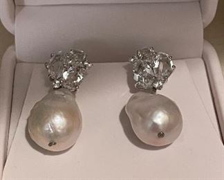Pair of New In Box Fresh Water Pearl Earrings with Cubic Zirconium Diamonds. 