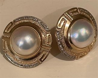 Pair of 14K Gold Earrings with Diamond & Pearl Accents. Photo 1 of 2. 