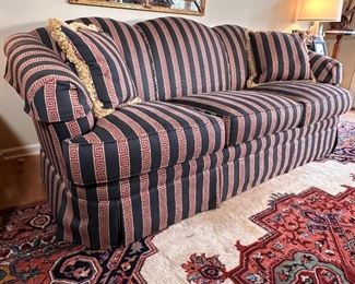 Dark blue and red Greek key stripe sofa with down cushions