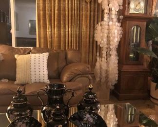 78in Tall Capiz Shell Chandelier, Grandfather Clock (75in H x 18.75in W x 10in D), Ceramic Vases and Ginger Jars.