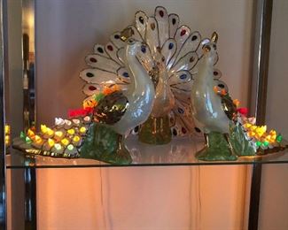 Ceramic Peacocks shown with lights on.