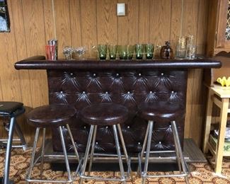 Bar with 3 Bar Stools.  Bar 64in L x 19in D x 40.5in H. Bar stools are 28in tall.