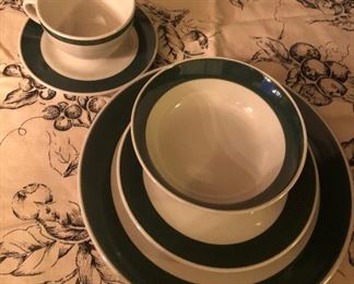 Gibson Dishware set.  There are two rim styles of these sets.  This set has a solid green rim. (There are 8 plates, 5 salad plates, 4 bowls, 9 cup abd saucers with 3 extra cups.