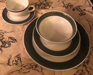 Gibson Dish Set  (Brushed Green Rim). There are 7 Dinner Plates, 8 Salad Plates, 8 Bowls, 8 Cups and Saucers.