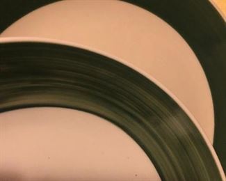 Gibson Dishware showing two rim styles (brushed and solid green)