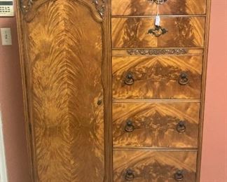 Vintage chifforobe - gorgeous wood (A chifforobe, also chiffarobe or chifferobe, is a closet-like piece of furniture that combines a long space for hanging clothes with a chest of drawers. Typically the wardrobe section runs down one side of the piece, while the drawers occupy the other side.)