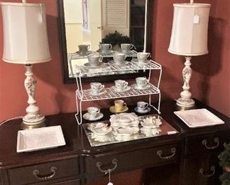 Vanity dresser;  cups and saucers;  matching lamps