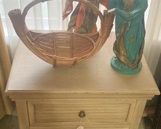 Blonde end table; Asian figurines