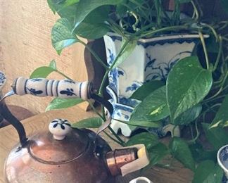Blue & white planter with ivy; copper tea kettle