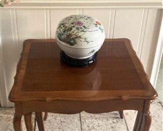 Nesting tables; Asian covered bowl