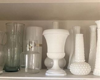 Clear and milk glass vases