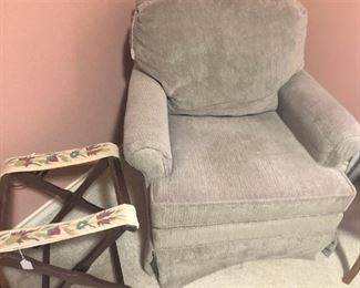 Needlepoint luggage rack; club chair