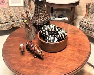 Round coffee table; decorative items