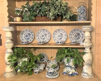 Blue & white selections; large pair of candleholders
