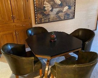 Vintage Game Table & 4 Rolling Leather Club Chairs