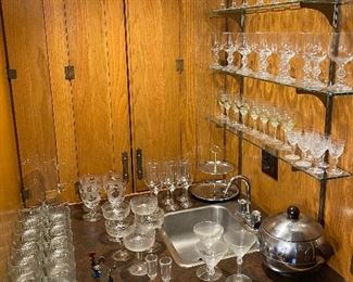 Nice Collection of Vintage Barware • Schott - Zwiesel “Contour” Goblets (8) • “Claudia” Wine Glasses from Poland (12) • Libby “Golden Foliage” Goblets (4) • VTG Rocks / Whiskey Glasses MC (“Mad Men”) (set of 16) • VTG Penguin Ice Bucket 