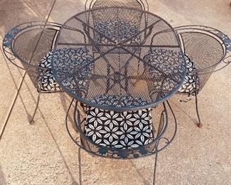 Vintage Wrought Iron Oval Patio Table & Four Club Back Chairs w/ Newer Cushions 
