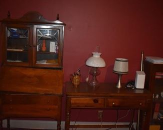 Antique Drop Leaf Secretary with double drawers and Glass door Cupboard top