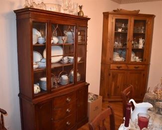 Beautiful Hepplewhite style China Cupboard and Linen Drawers and Side Cabinets also Beautiful Pine Corner Cabinet both with displays of Lovely China and Collectibles