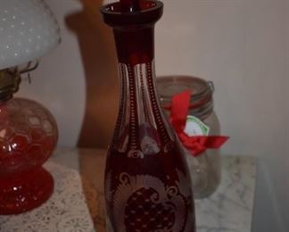 Beautiful Cranberry Cut Bohemian Decanter