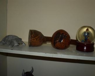 Bobble Head Turtle, Beautiful Burled Wood Pieces and Nutcracker Snow Globe
