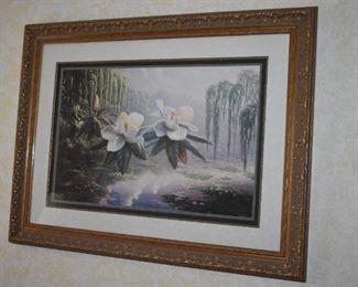Lovely Goid Gild Framed and Matted Art of Magnolia Blossoms