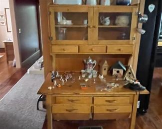 Hoosier Style Cabinet with loads of Collectibles form a spongeware pitcher to an Enamel Bread Box