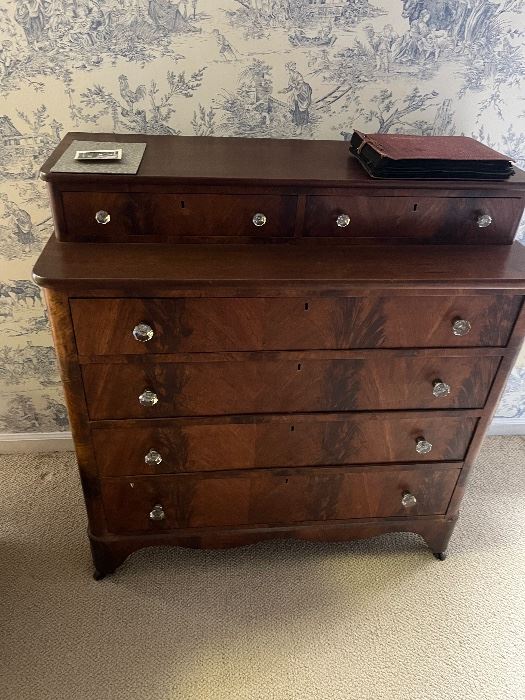 Antique burlwood chest with crystal knobs