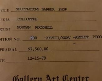 Norman Rockwell Barber Shop Artist Proof Certificate of Authenticity 