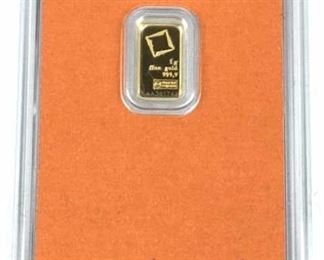 1g Fine Gold Bar, Valcambi Carded 999.9