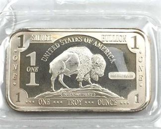 1oz Troy Silver Buffalo Bar, Dollar Style .999