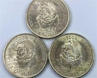 1951, 1952, 1953 Silver 5 Pesos, Mexico BU