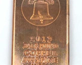 2013 Half Pound Copper Bar .9995 Fine USA