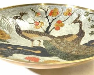 Asian Painted Brass Bowl W Peacock Detail
