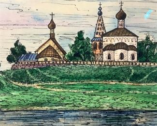 Signed Watercolor Russian Church
