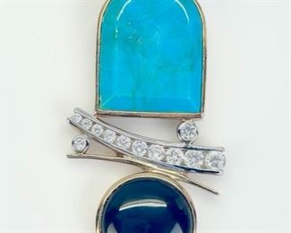 16 Grams Fine Gilt Sterling Silver Turquoise & Onyx Stone Cubic Zirconia MCM Modernist Statement Pendant