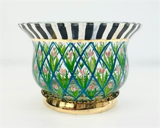 MacKenzie Childs Hand Painted Tulip Striped Circus Art Glass Bowl