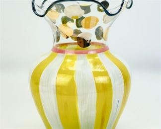 1993 MacKenzie Childصs Victoria And Richard Art Glass Hand Painted Yellow Striped Ruffled Vase