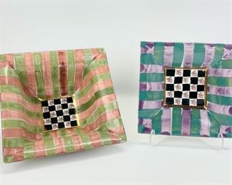 2 1982 & 1983 MacKenzie Childs Hand Painted Striped Floral Ceramic Square 7.75س Bowl & 6.5س Plate