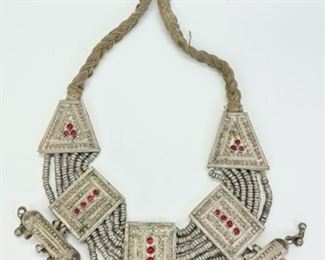 Antique Silver Tribal Yemeni Large Bedouin Bridal W/ Red Glass Stones 30س Necklace 351 Grams