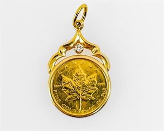Fine 99% Yellow Gold Coin Encased In 14K Gold Diamond Pendant